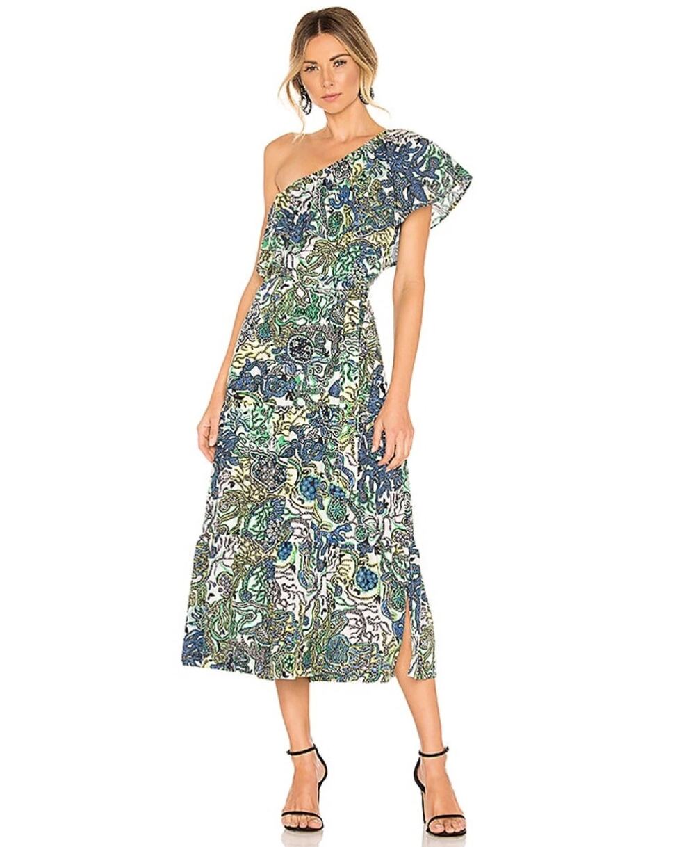 A.L.C Janelle One Shoulder Dress Womens XS Green Cotton Silk Midi Ruffled Tiered